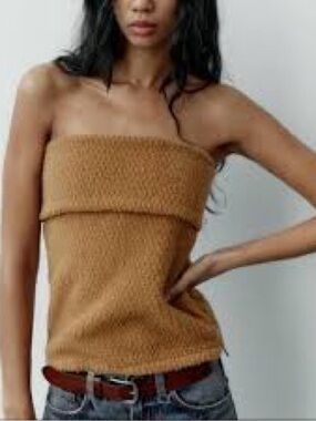 ZARA Camel Brown Faux Shearling Borg Fleece Zip Tube Top Bandeau Size L